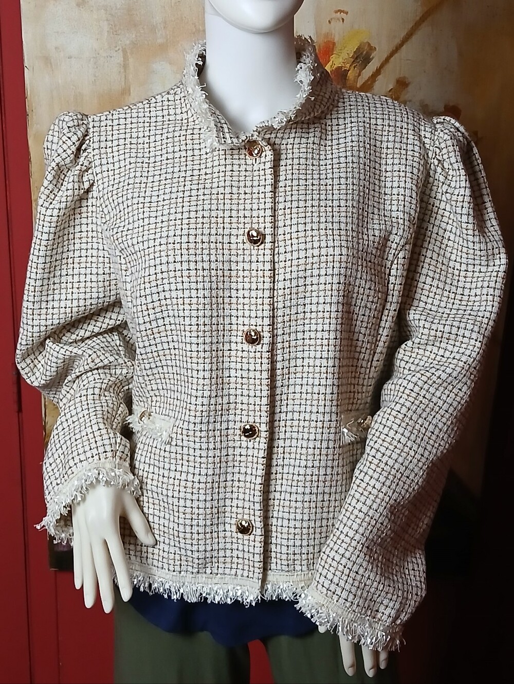 C. Est. 1946 Fringed Tweed Puff Shoulder Blazer Jacket 18/20W